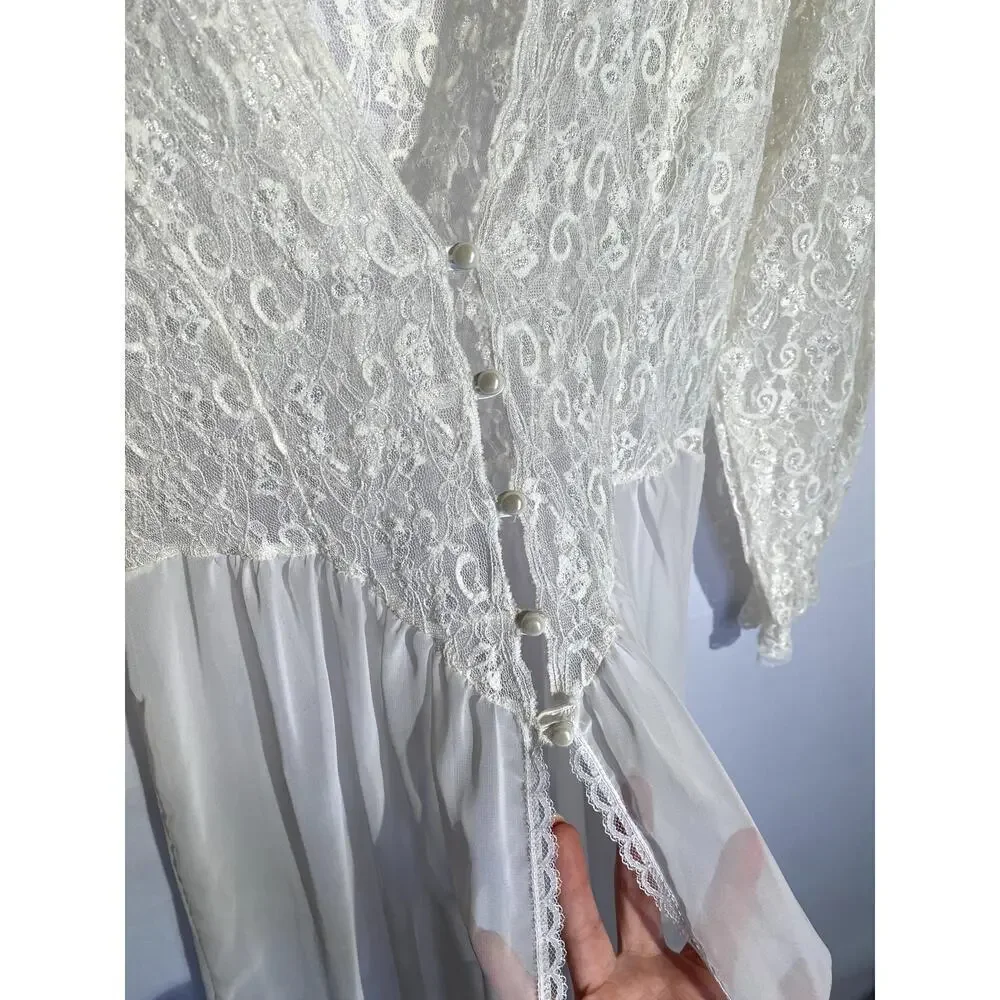 Vintage Sugar Plum White Lace Made in USA Sheer Lingerie Bridal Maxi Robe - Picture 4 of 8